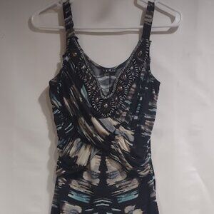 VENUS  SLEEVELESS TOP BEADED METALLIC NECKLINE BLACK TAN AND TEAL